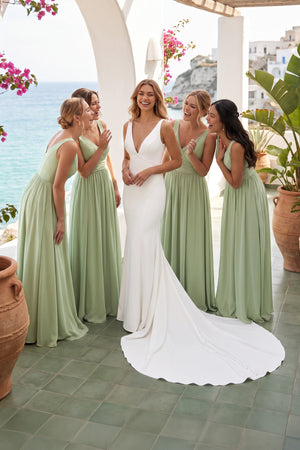 Matcha V-Neck Chiffon A-Line Long Bridesmaid Dress | KISSBRIDAL