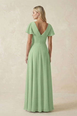 Matcha V-Neck Flutter Sleeve A-Line Chiffon Bridesmaid Dress (2) | KISSBRIDAL