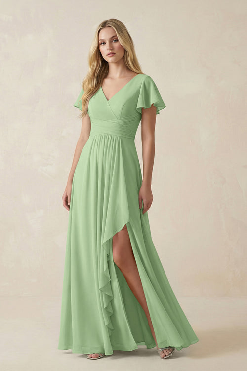 Matcha V-Neck Flutter Sleeve A-Line Chiffon Bridesmaid Dress | KISSBRIDAL