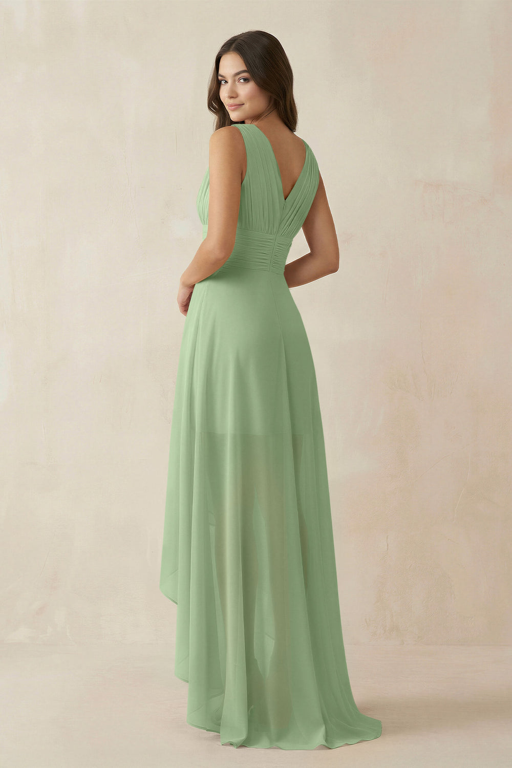 V-Neck High-Low Chiffon Bridesmaid Dress in Matcha