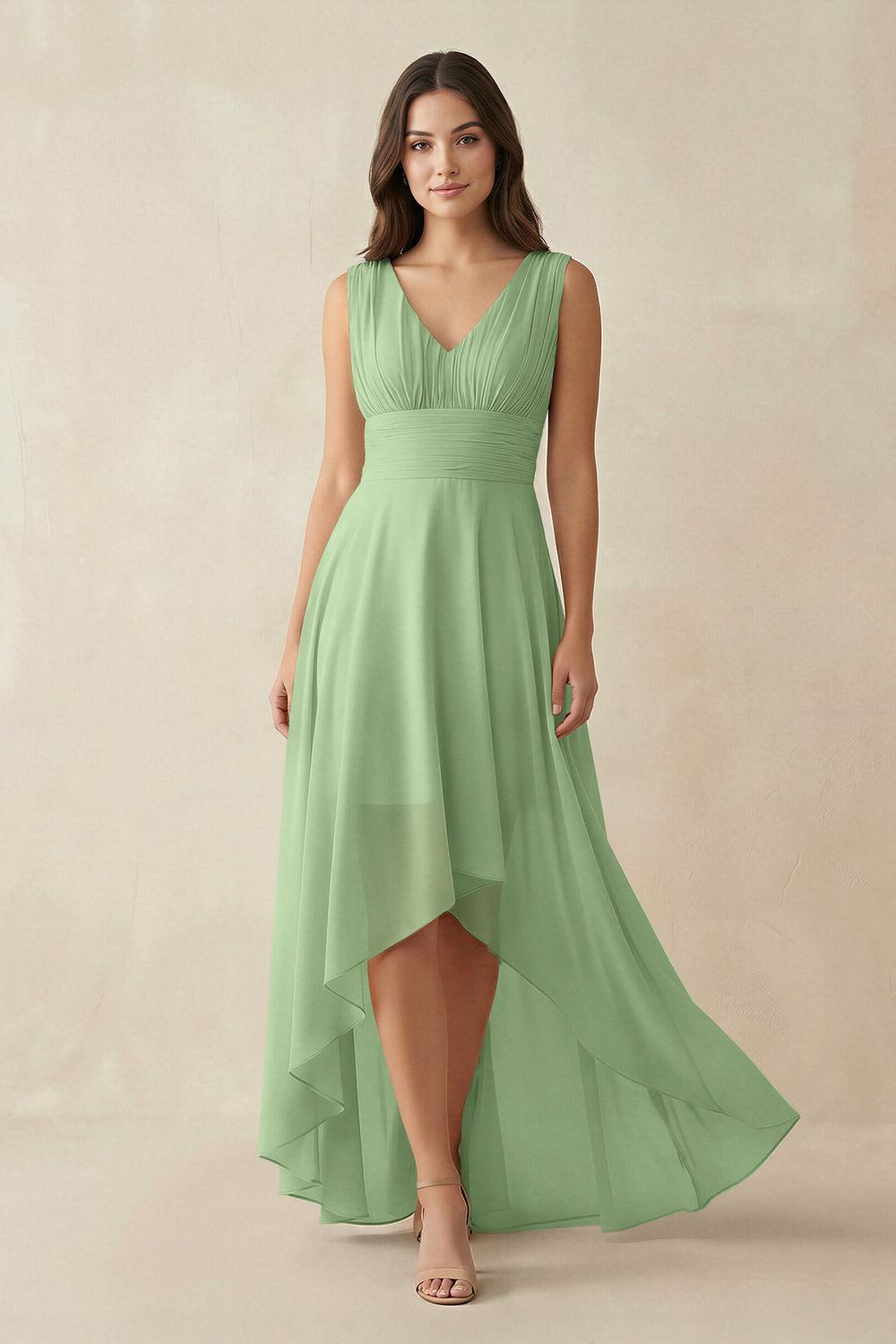 V-Neck High-Low Chiffon Bridesmaid Dress in Matcha