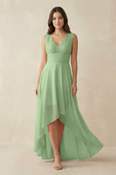 Matcha V-Neck High-Low Chiffon Bridesmaid Dress | KISSBRIDAL