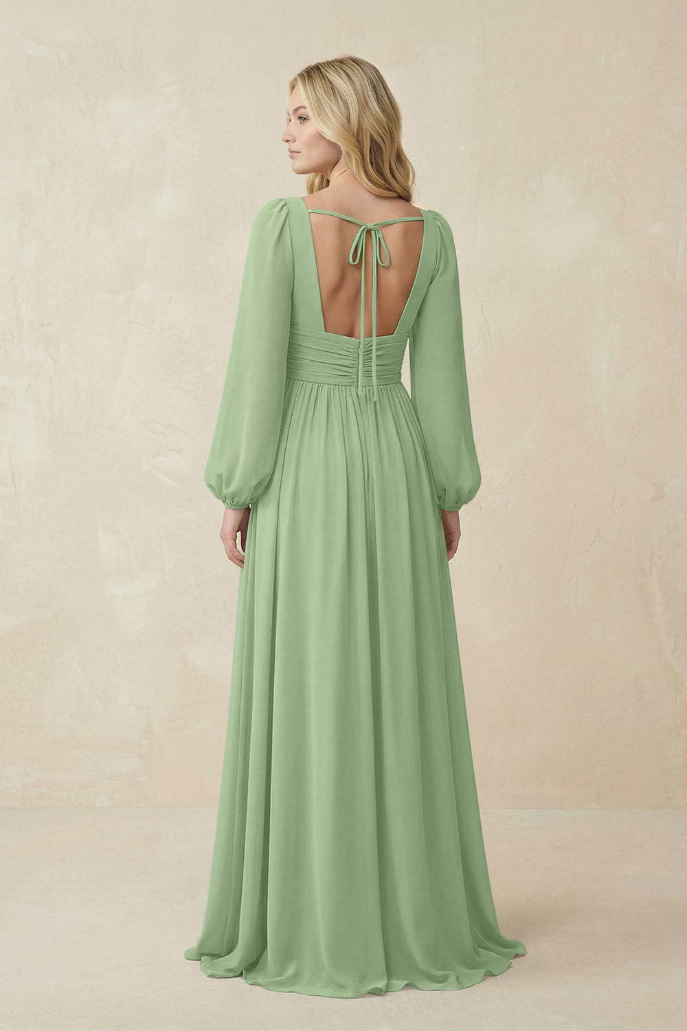 V-Neck Long Sleeve A-Line Chiffon Bridesmaid Dress in Matcha