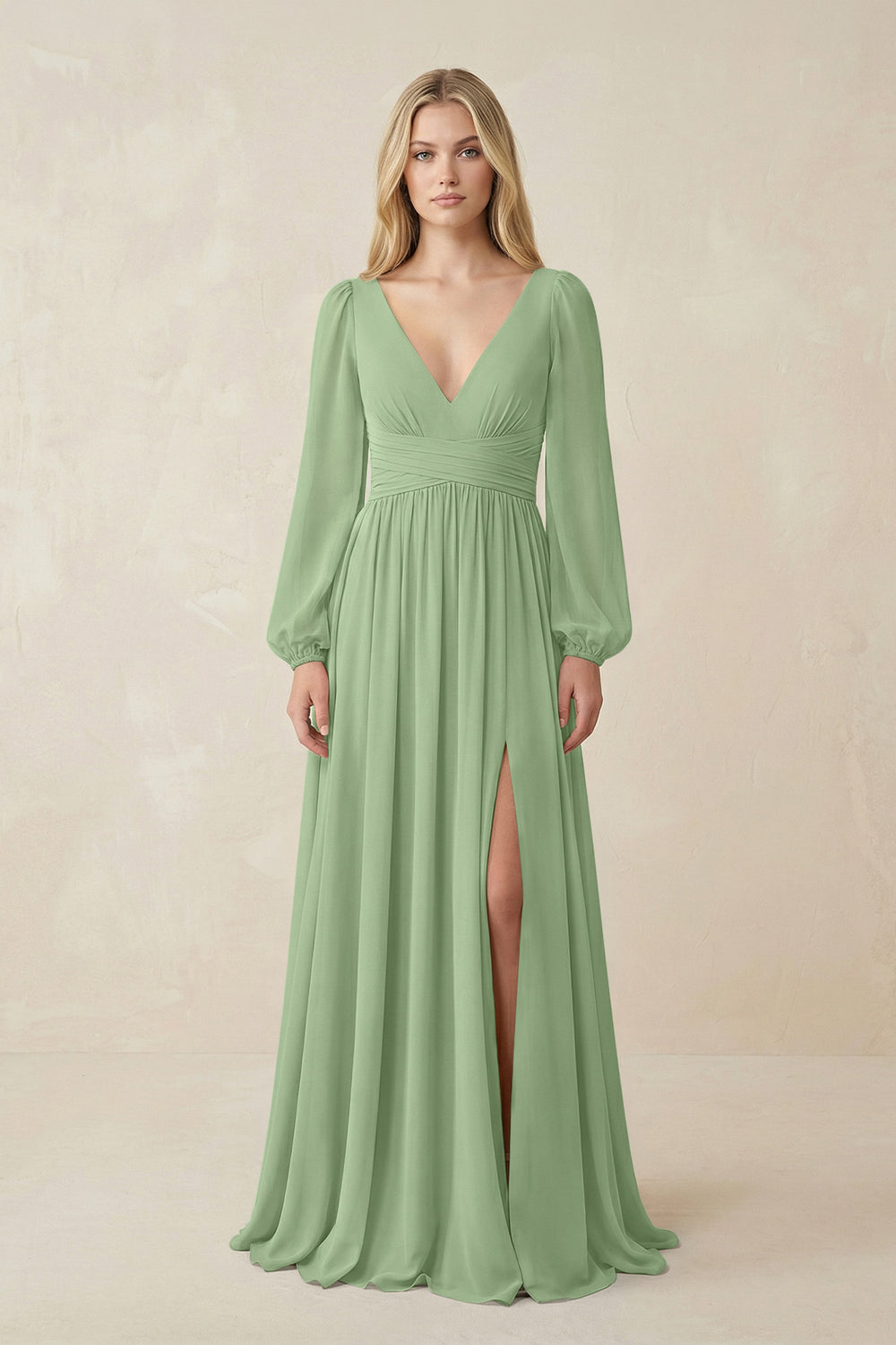 V-Neck Long Sleeve A-Line Chiffon Bridesmaid Dress in Matcha
