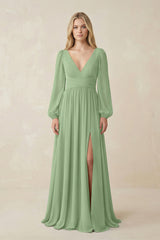 Matcha V-Neck Long Sleeve A-Line Chiffon Bridesmaid Dress | KISSBRIDAL