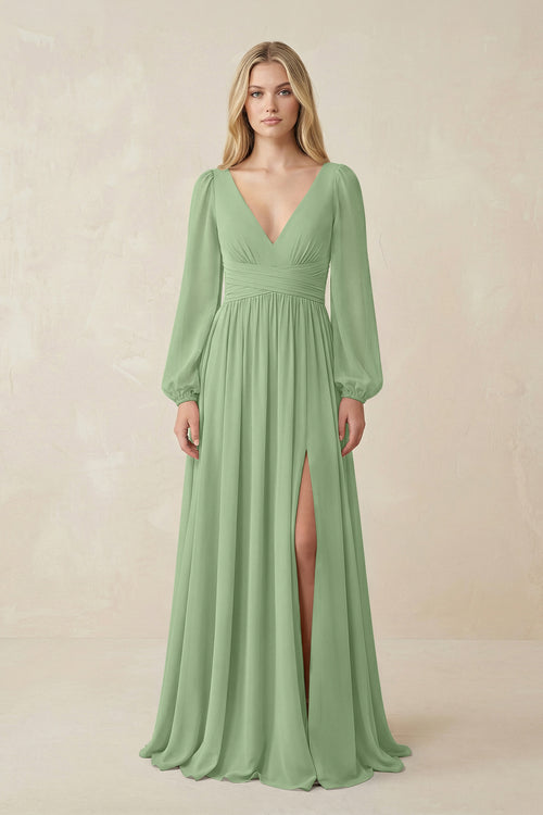 Matcha V-Neck Long Sleeve A-Line Chiffon Bridesmaid Dress | KISSBRIDAL