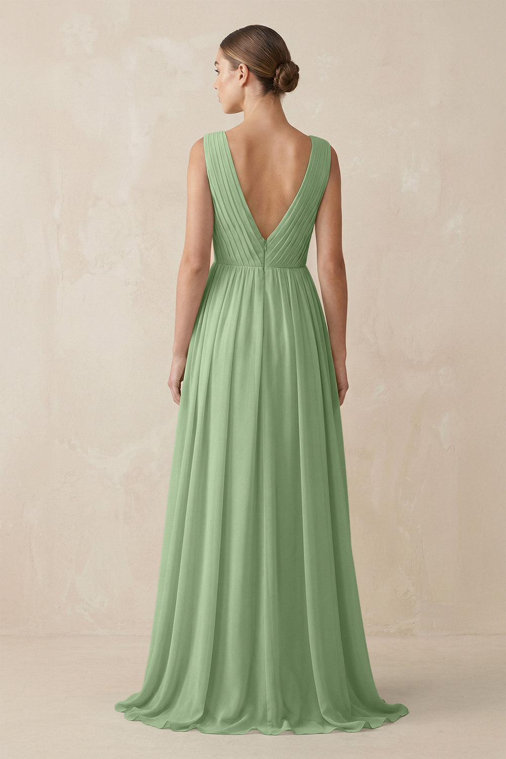 V-Neck Pleated A-Line Chiffon Bridesmaid Dress in Matcha