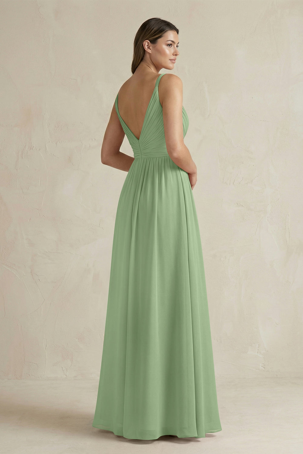 V-Neck Pleated A-Line Chiffon Bridesmaid Dress in Matcha