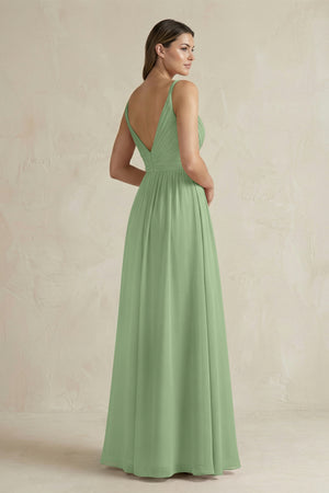 Matcha V-Neck Pleated A-Line Chiffon Bridesmaid Dress (2) | KISSBRIDAL