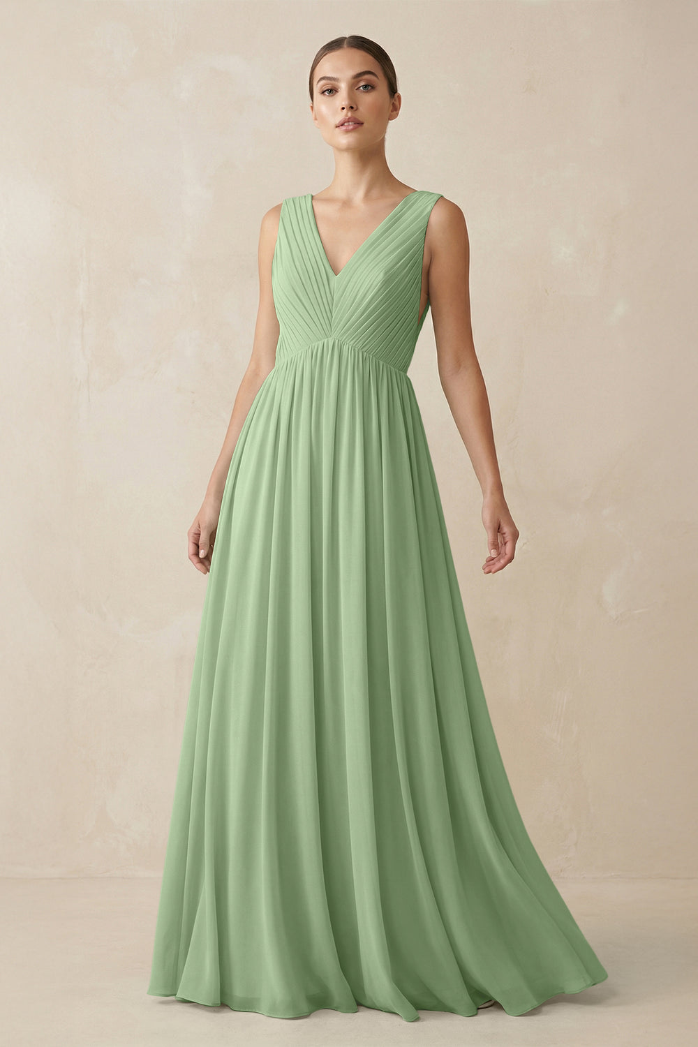 V-Neck Pleated A-Line Chiffon Bridesmaid Dress in Matcha