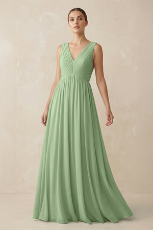 Matcha V-Neck Pleated A-Line Chiffon Bridesmaid Dress | KISSBRIDAL