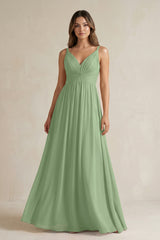 Matcha V-Neck Pleated A-Line Chiffon Bridesmaid Dress | KISSBRIDAL