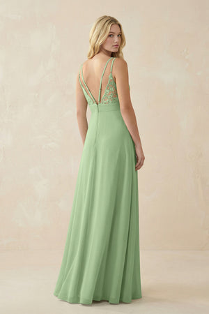 Matcha V-Neck Ruched Chiffon Bridesmaid Dress with Slit (2) | KISSBRIDAL