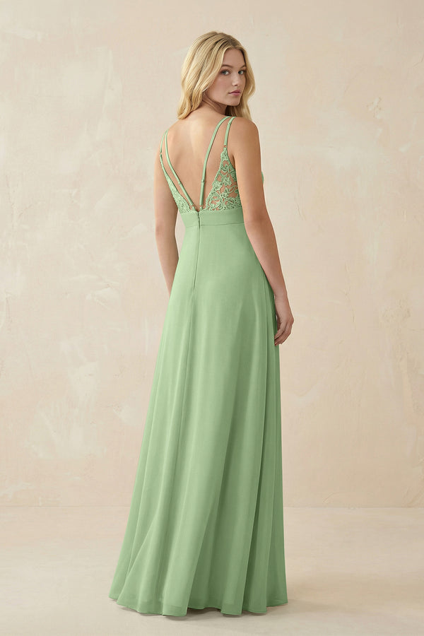 Matcha V-Neck Ruched Chiffon Bridesmaid Dress with Slit (2) | KISSBRIDAL