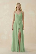 Matcha V-Neck Ruched Chiffon Bridesmaid Dress with Slit | KISSBRIDAL