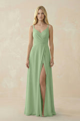 Matcha V-Neck Ruched Chiffon Bridesmaid Dress with Slit | KISSBRIDAL