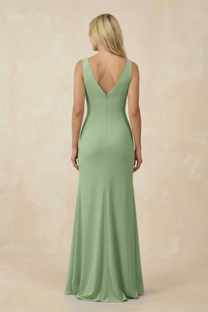 Matcha V-Neck Ruched Sheath Bridesmaid Dress with Slit (2) | KISSBRIDAL
