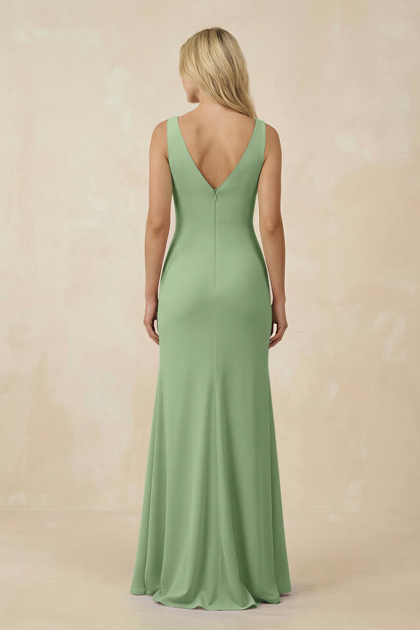 Matcha V-Neck Ruched Sheath Bridesmaid Dress with Slit (2) | KISSBRIDAL