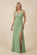 Matcha V-Neck Ruched Sheath Bridesmaid Dress with Slit | KISSBRIDAL