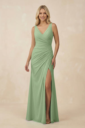 Matcha V-Neck Ruched Sheath Bridesmaid Dress with Slit | KISSBRIDAL