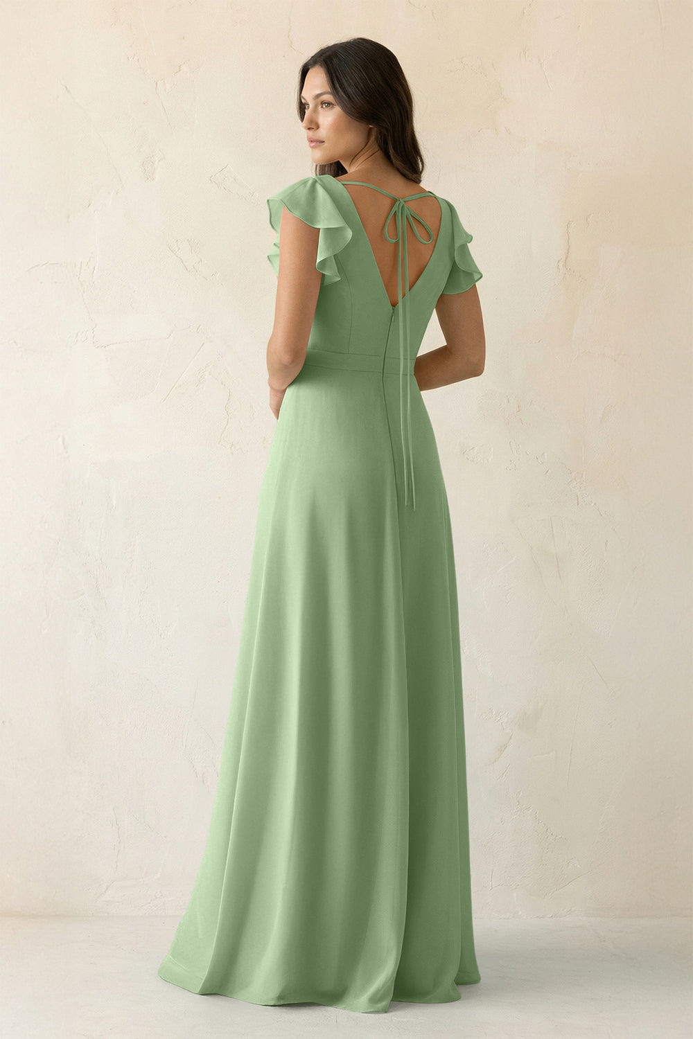 V-Neck Ruffled A-Line Chiffon Bridesmaid Dress in Matcha