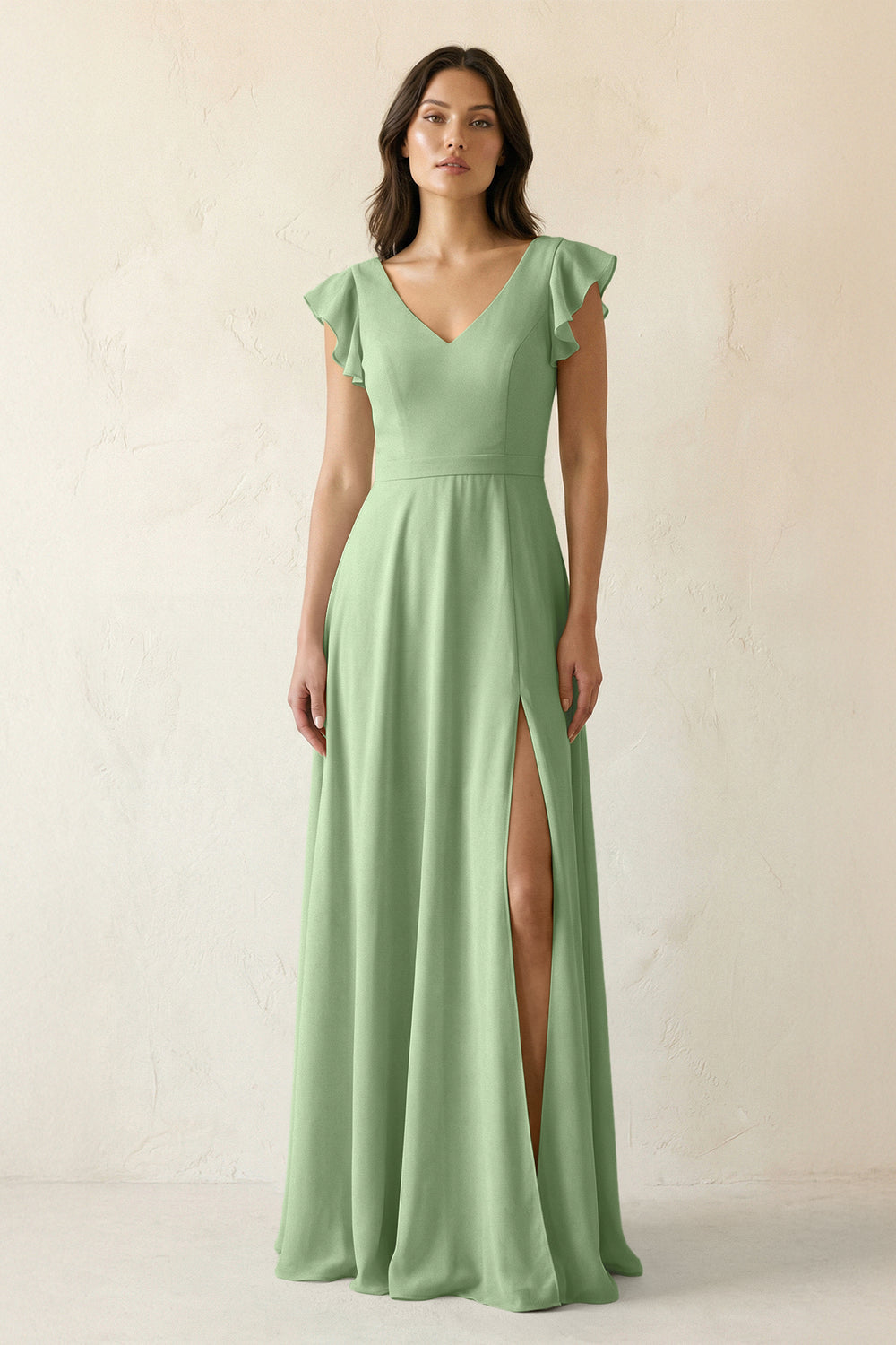 V-Neck Ruffled A-Line Chiffon Bridesmaid Dress in Matcha
