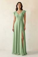 Matcha V-Neck Ruffled A-Line Chiffon Bridesmaid Dress | KISSBRIDAL
