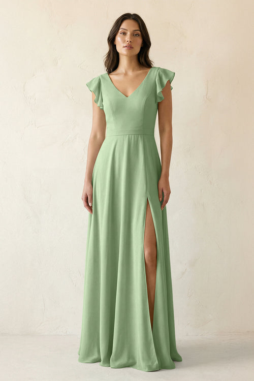 Matcha V-Neck Ruffled A-Line Chiffon Bridesmaid Dress | KISSBRIDAL