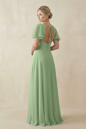 Matcha V-Neck Ruffled Short Sleeves A-Line Bridesmaid Dress (2) | KISSBRIDAL