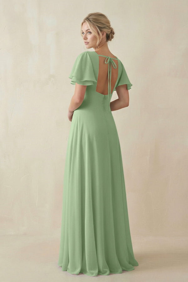 Matcha V-Neck Ruffled Short Sleeves A-Line Bridesmaid Dress (2) | KISSBRIDAL