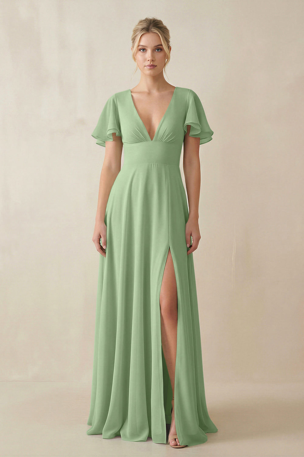 V-Neck Ruffled Short Sleeves A-Line Bridesmaid Dress in Matcha