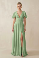Matcha V-Neck Ruffled Short Sleeves A-Line Bridesmaid Dress | KISSBRIDAL