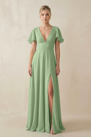 Matcha V-Neck Ruffled Short Sleeves A-Line Bridesmaid Dress | KISSBRIDAL