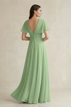 Matcha V-Neck Ruffled Sleeve A-Line Chiffon Bridesmaid Dress (2) | KISSBRIDAL