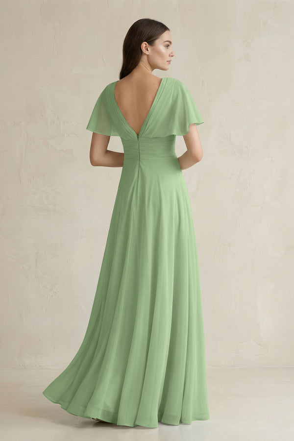 Matcha V-Neck Ruffled Sleeve A-Line Chiffon Bridesmaid Dress (2) | KISSBRIDAL