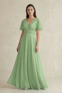 Matcha V-Neck Ruffled Sleeve A-Line Chiffon Bridesmaid Dress | KISSBRIDAL