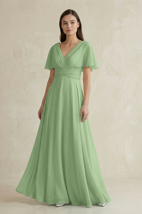Matcha V-Neck Ruffled Sleeve A-Line Chiffon Bridesmaid Dress | KISSBRIDAL