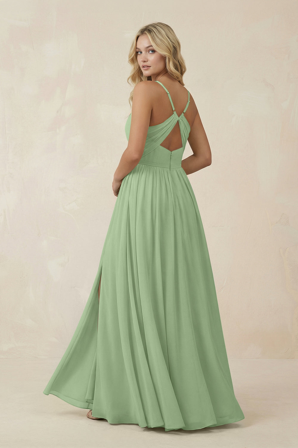 V-Neck Spaghetti Strap A-Line Chiffon Bridesmaid Dress in Matcha