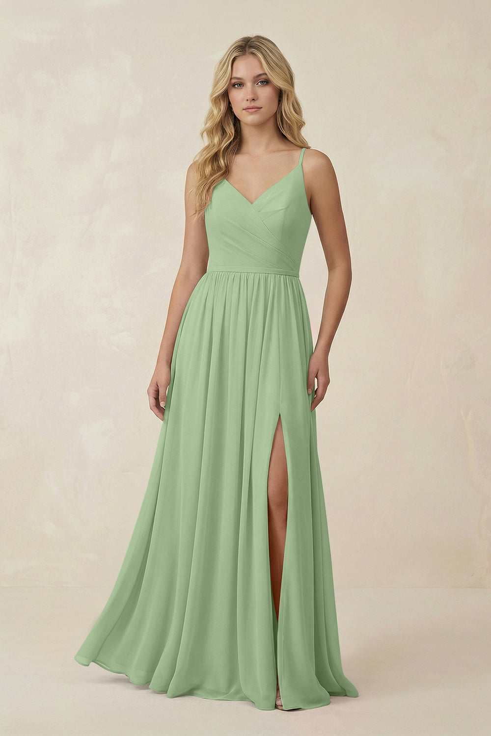 V-Neck Spaghetti Strap A-Line Chiffon Bridesmaid Dress in Matcha