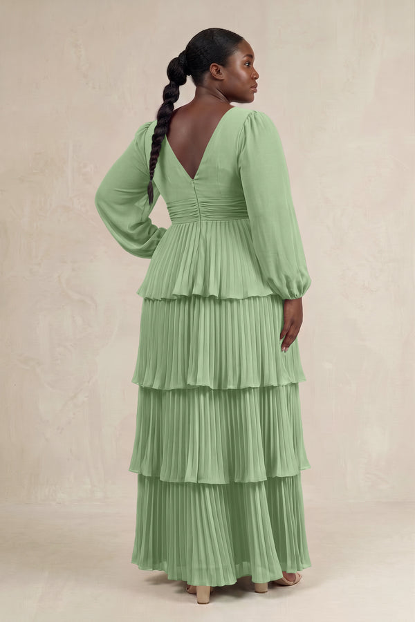 Matcha V-Neck Tiered A-Line Long Sleeve Bridesmaid Dress (2) [sizeplus] | KISSBRIDAL