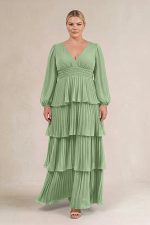 Matcha V-Neck Tiered A-Line Long Sleeve Bridesmaid Dress (3) [sizeplus] | KISSBRIDAL