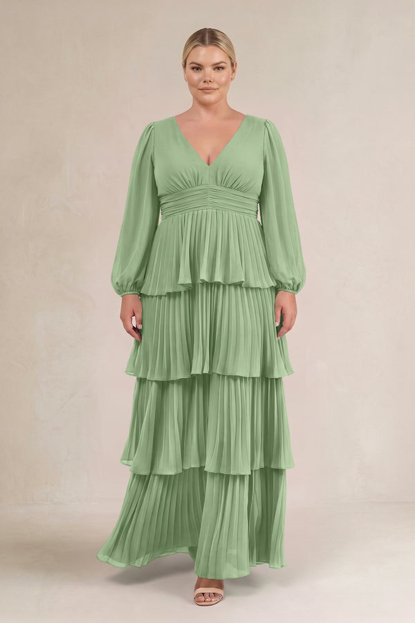 Matcha V-Neck Tiered A-Line Long Sleeve Bridesmaid Dress (3) [sizeplus] | KISSBRIDAL
