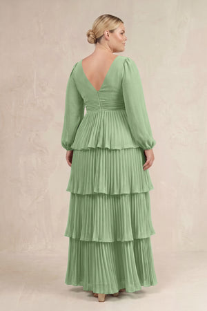 Matcha V-Neck Tiered A-Line Long Sleeve Bridesmaid Dress (4) [sizeplus] | KISSBRIDAL