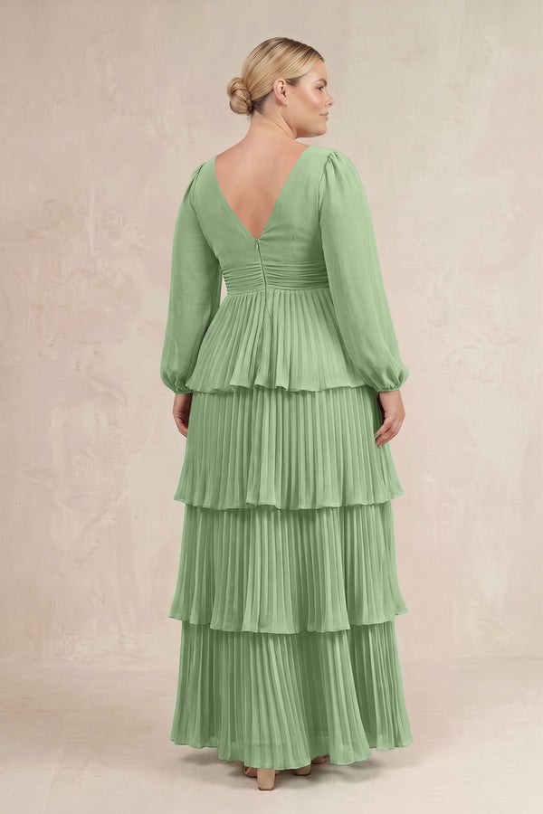 Matcha V-Neck Tiered A-Line Long Sleeve Bridesmaid Dress (4) [sizeplus] | KISSBRIDAL