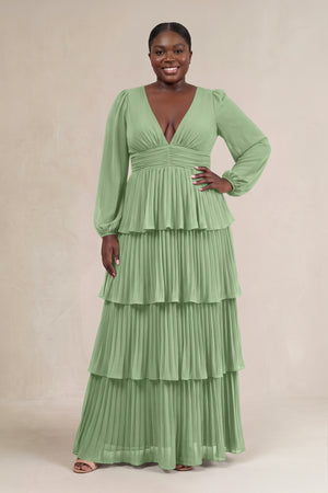 Matcha V-Neck Tiered A-Line Long Sleeve Bridesmaid Dress [sizeplus] | KISSBRIDAL