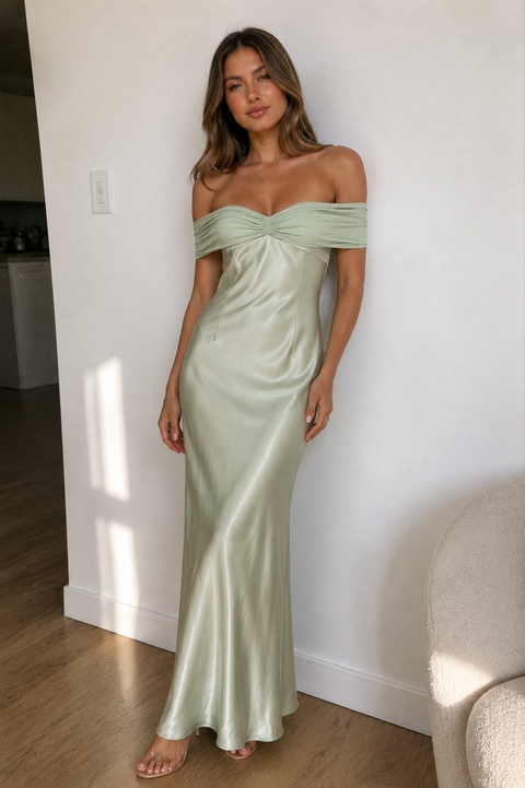 Off The Shoulder Sheath Maxi Dress in Mint Green - KISS BRIDAL