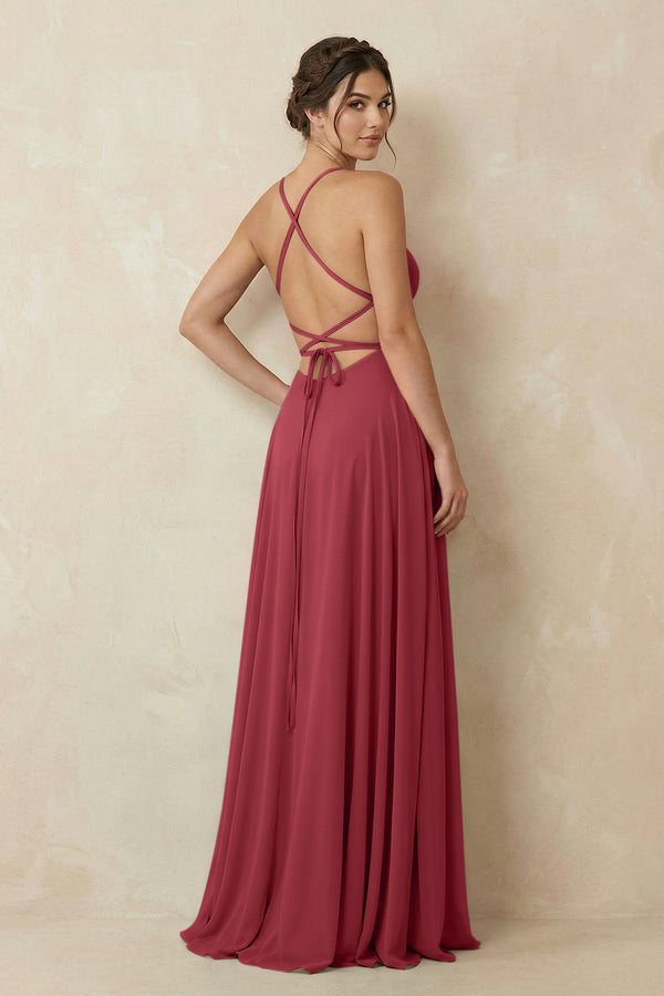 Merlot A-Line Chiffon Bridesmaid Dress With Slit (2) | KISSBRIDAL