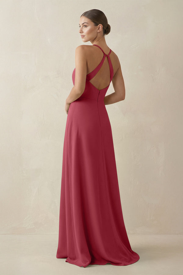 Merlot A-Line Chiffon Long Bridesmaid Dress With Slit (2) | KISSBRIDAL