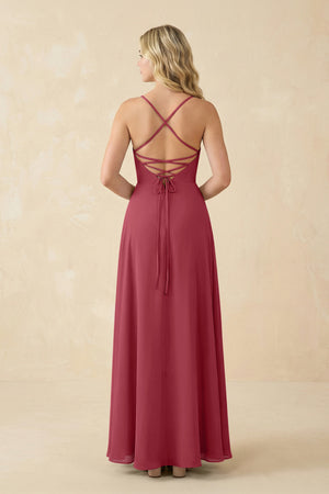 Merlot A-Line Chiffon Spaghetti Strap Bridesmaid Dress (2) | KISSBRIDAL