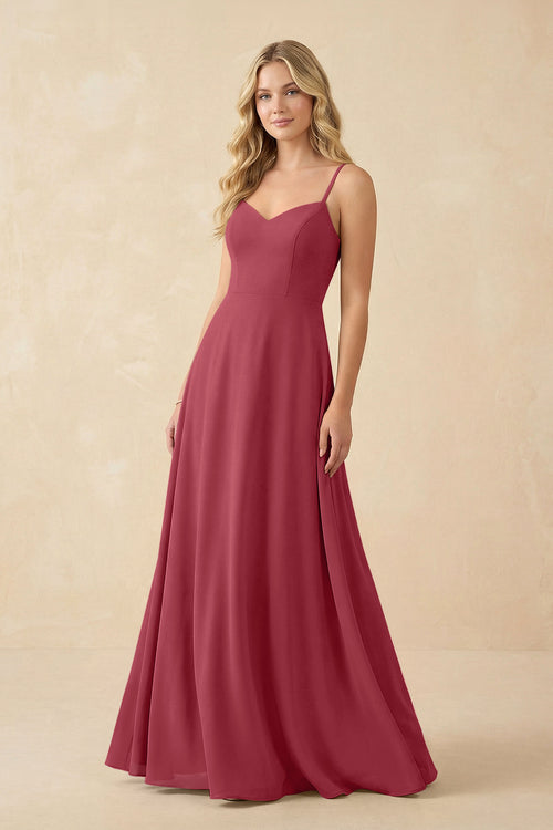 Merlot A-Line Chiffon Spaghetti Strap Bridesmaid Dress | KISSBRIDAL